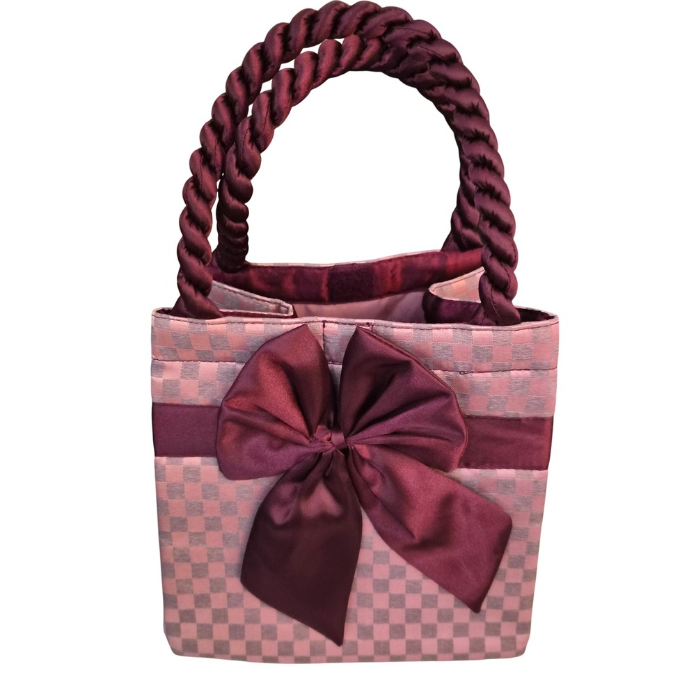 NaRaYa Pink Burgundy Checkered Satin Handbag with Bow and Rope Handles